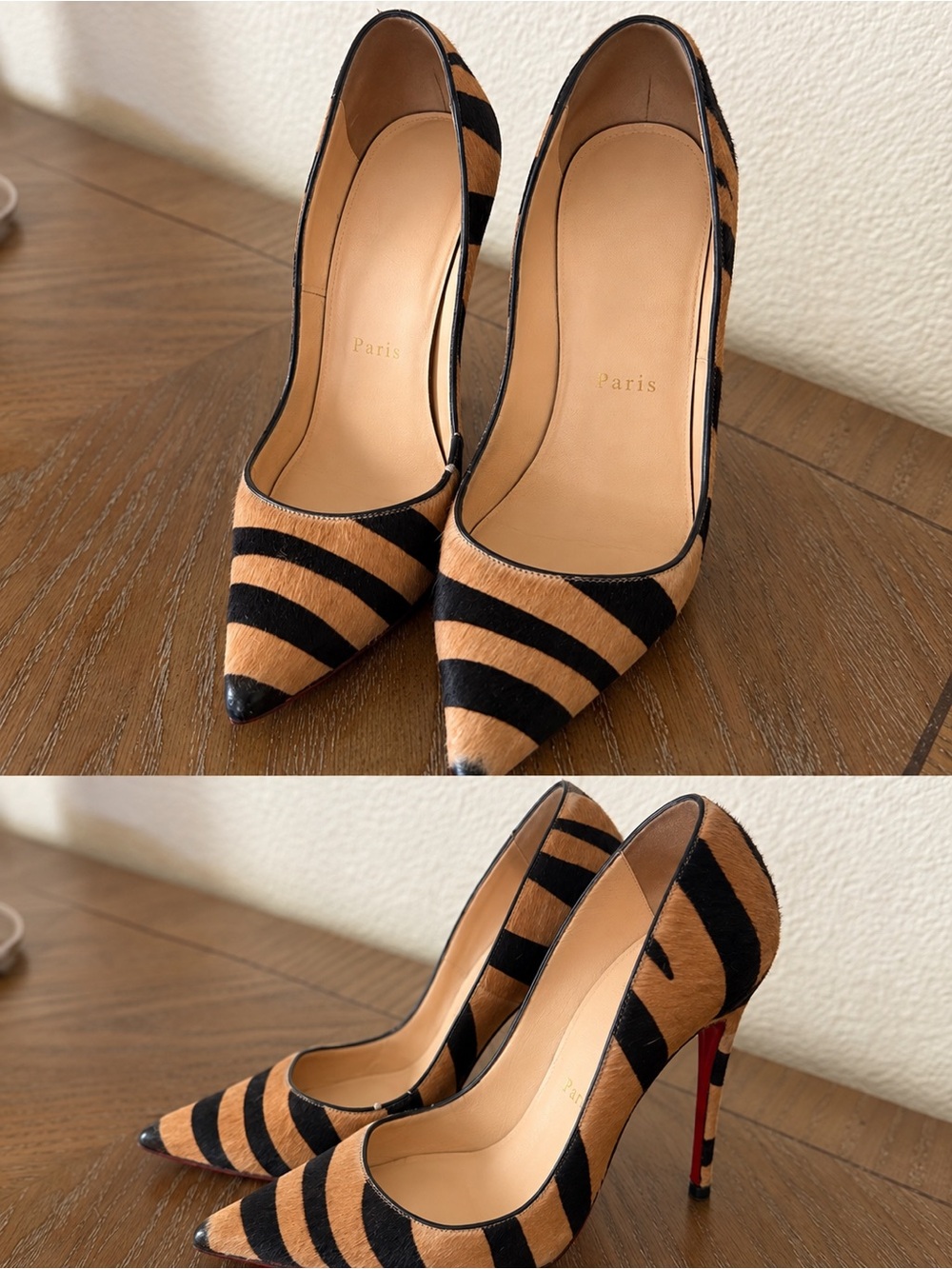 Christian Louboutin Black and Tan Striped Pointed-Toe Pumps
